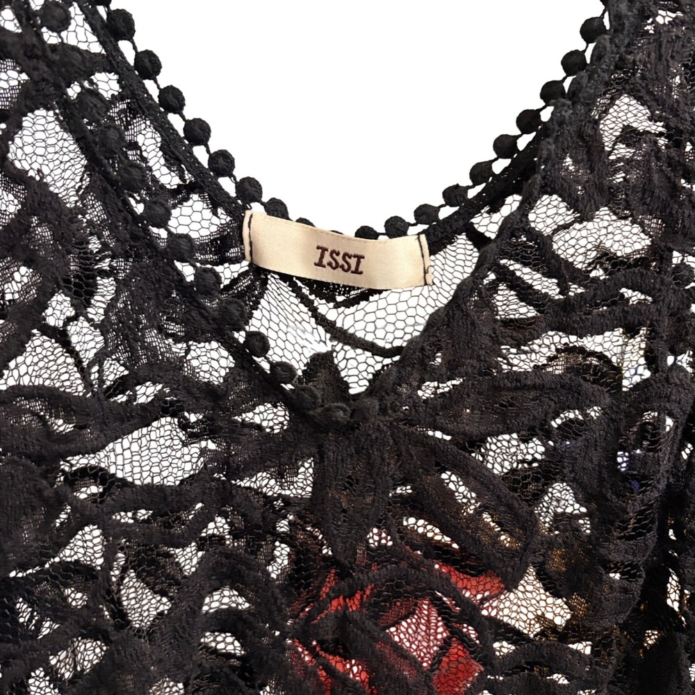 ISSI Lace Tank Top Womens Small Black Gothic Boho Sheer V-Neck Pom Pom Trim - Picture 4 of 13